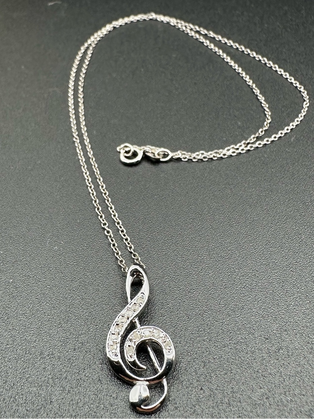 Sterling Silver 925 Treble Clef Pendant Necklace – CZ Pavé, Italy Chain, 18" EUC
